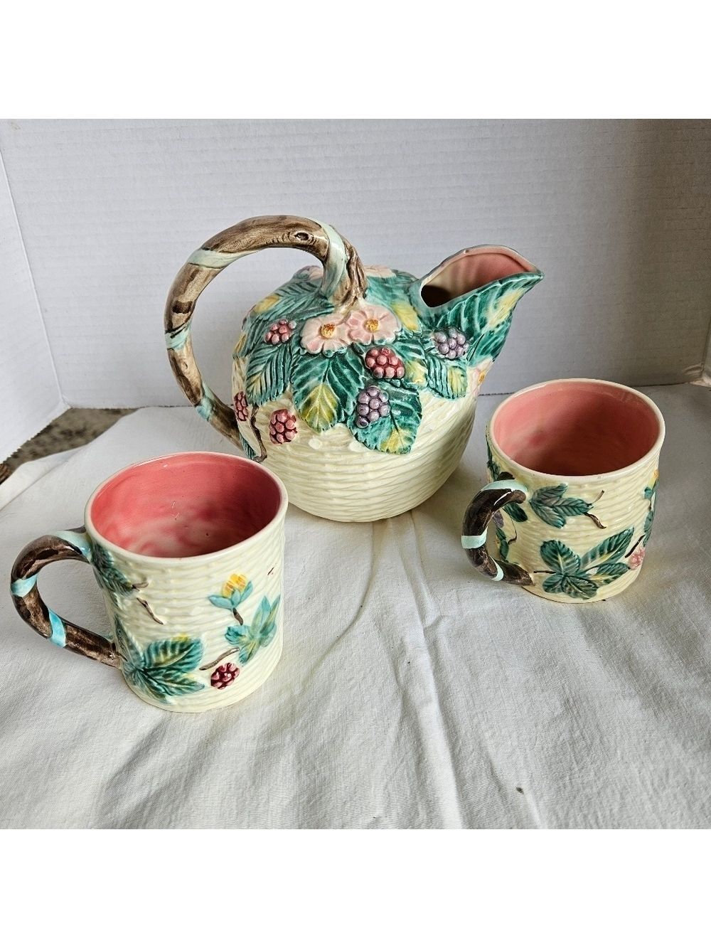 Vintage 80s Haldon Group "Blackberry" Basketweave Handpainted Pitcher Set